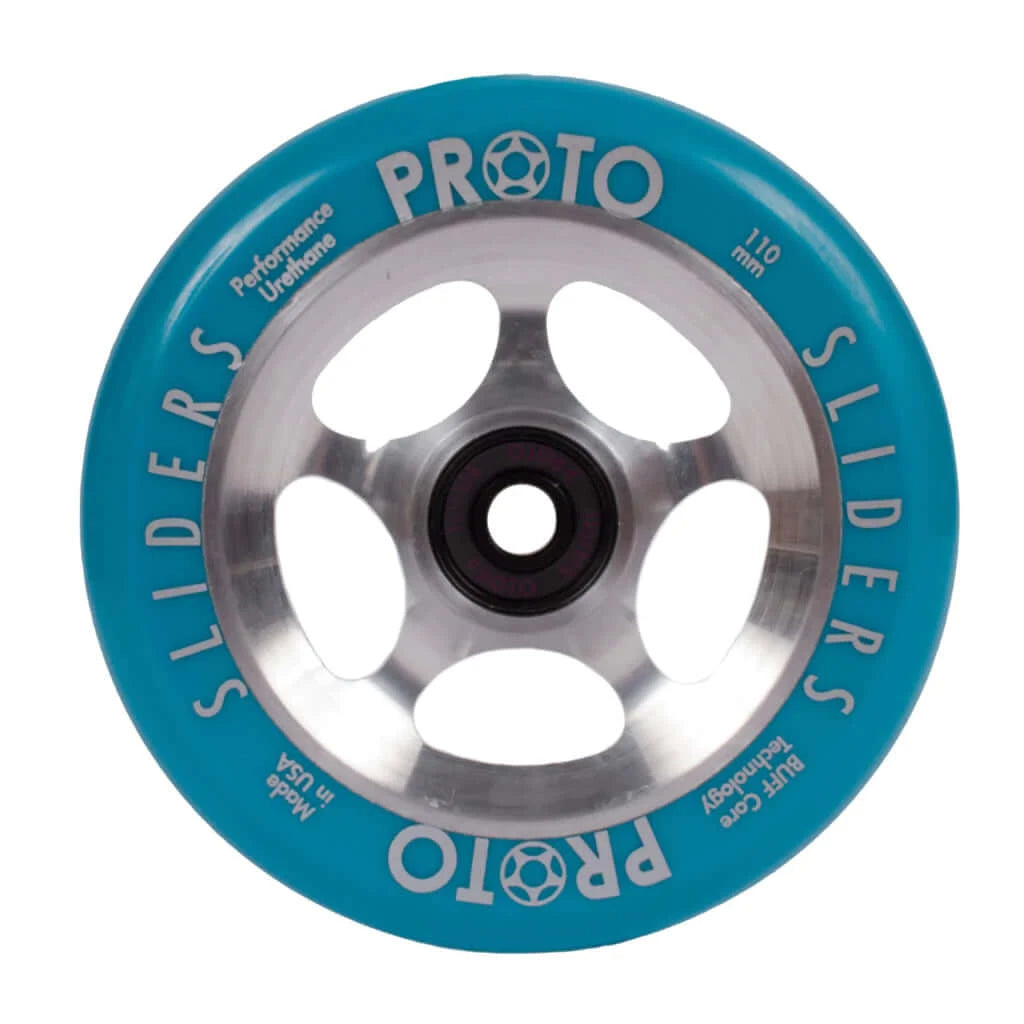 PROTO StarBright Sliders 110mm (Neon Blue on RAW) Wheels |WHEELS |$84.95 |TSP The Shop | PROTO StarBright Sliders 110mm | USA Made Pro Scooter Wheels