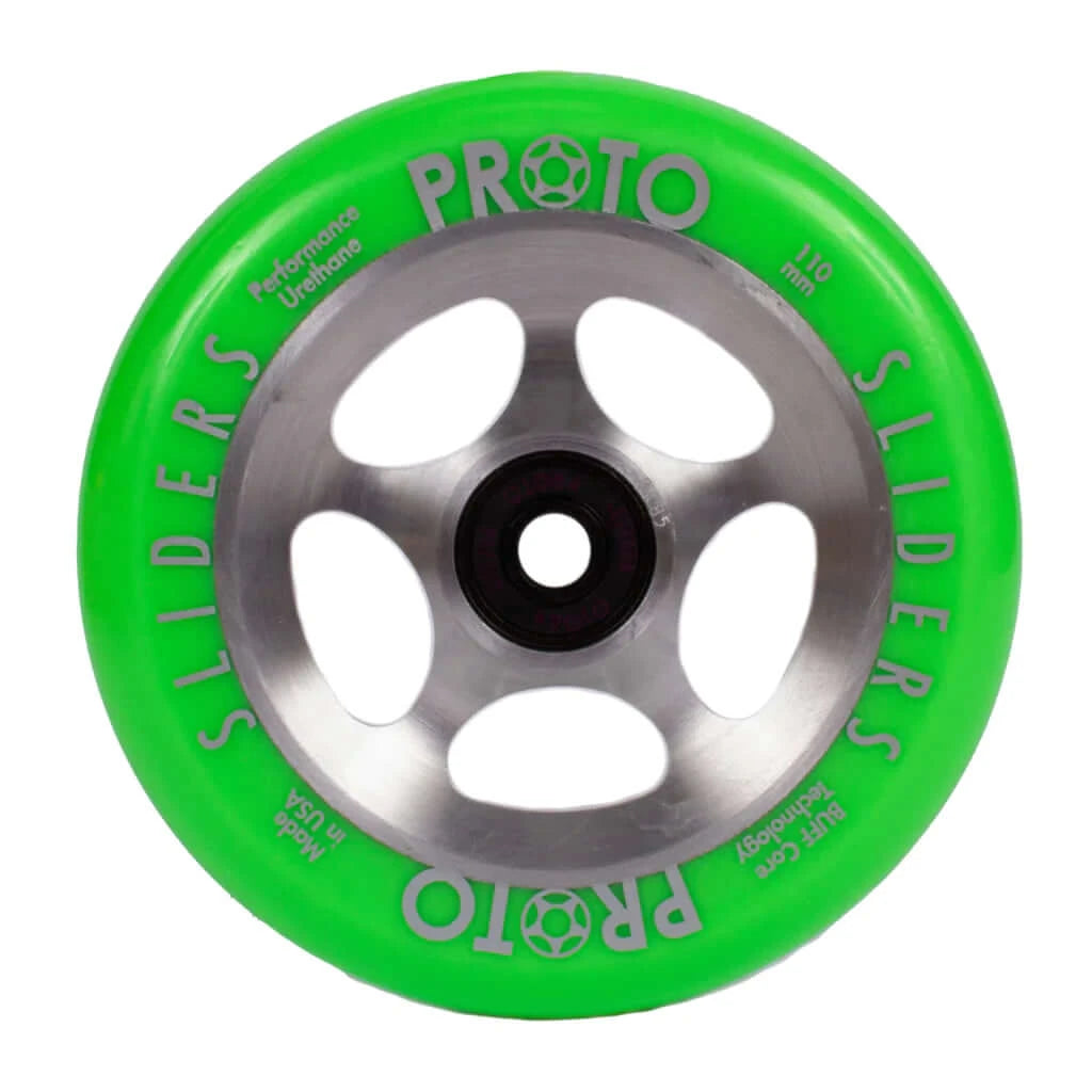 PROTO StarBright Sliders 110mm (Neon Green on RAW) |WHEELS |$84.95 |TSP The Shop | PROTO – StarBright Sliders 110mm | Pro Scooter Wheels
