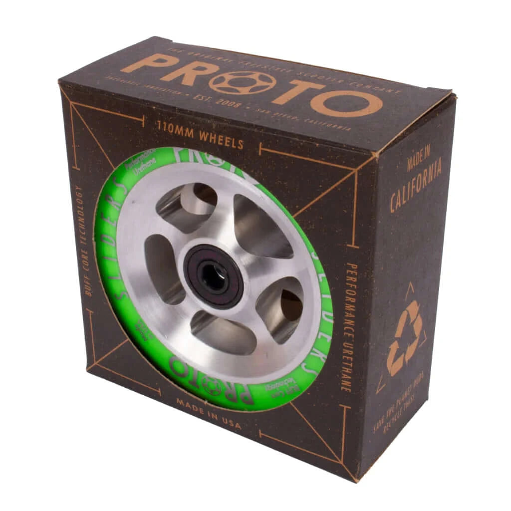PROTO StarBright Sliders 110mm (Neon Green on RAW) |WHEELS |$84.95 |TSP The Shop | PROTO – StarBright Sliders 110mm | Pro Scooter Wheels