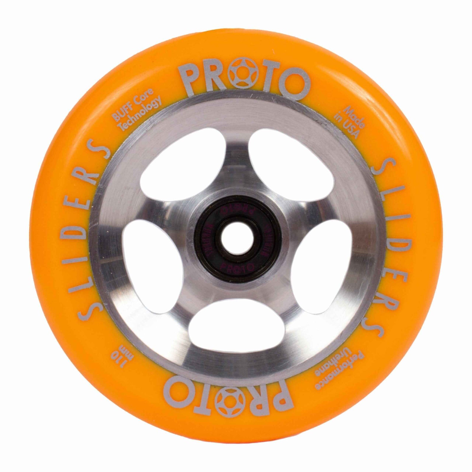 PROTO – StarBright Sliders 110mm (Neon Orange on RAW) |WHEELS |$84.95 |TSP The Shop | PROTO – StarBright Sliders 110mm | The Shop Pro Scooter Lab