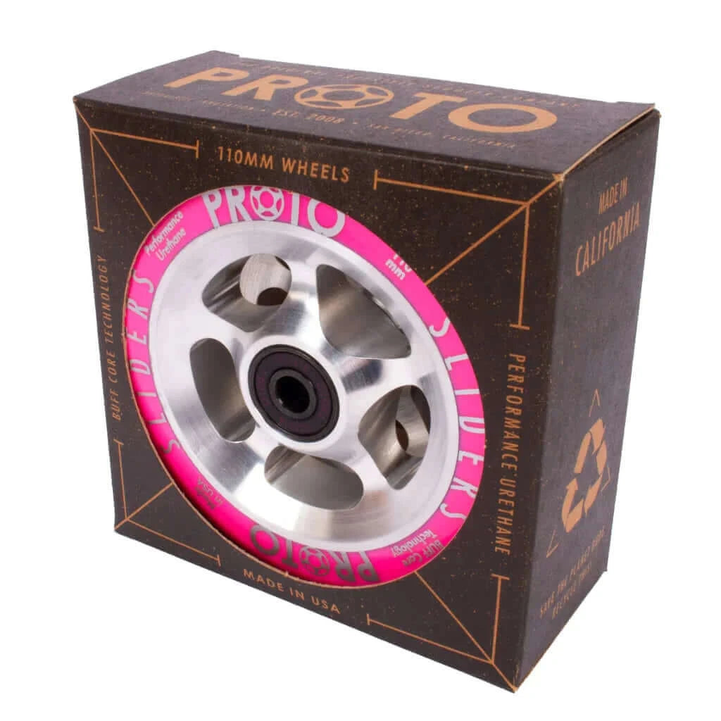 PROTO StarBright Sliders 110mm (Neon Pink on RAW) |WHEELS |$84.95 |TSP The Shop | PROTO – StarBright Sliders 110mm (Neon Pink on RAW) | Pro Scooter
