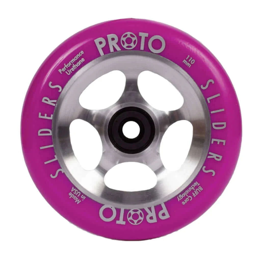 PROTO StarBright Sliders 110mm (Neon Purple on RAW) |WHEELS |$84.95 |TSP The Shop | PROTO StarBright Sliders 110mm | The Shop Pro Scooter Lab