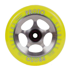 PROTO – StarBright Sliders 110mm (Neon Yellow on RAW) |WHEELS |$84.95 |TSP The Shop | PROTO – StarBright Sliders 110mm | The Shop Pro Scooter Lab
