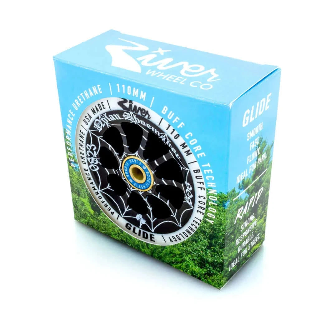 River Wheel Co – “Cali” Glides Nolan Shoemaker Signature White on Black |WHEELS |$94.95 |TSP The Shop | River Wheel Co “Cali” Glides Nolan Shoemaker Sig. | The Shop Pro Scooter Lab