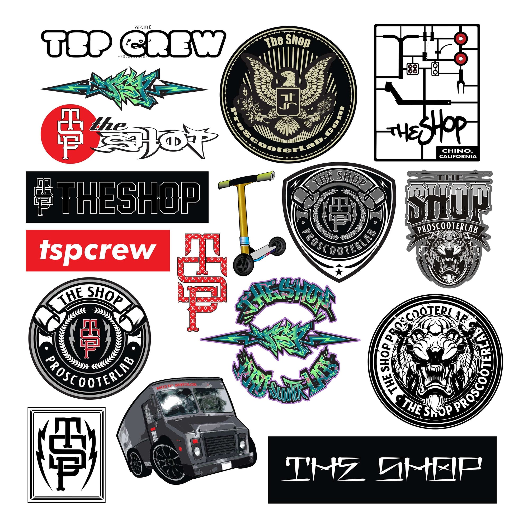 TSP Crew Classic Sticker Sheet |STICKERS |$8.00 |TSP The Shop | TSP Crew Classic Sticker Sheet | The Shop Pro Scooter Lab |